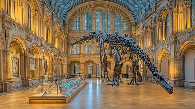Dinosaur skeleton in grand museum hall - Powered by Adobe
