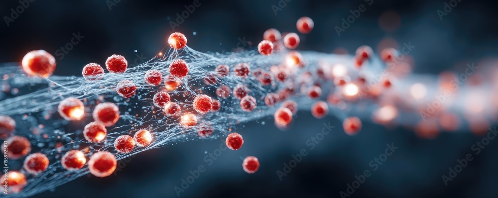 Poster cardio risk of sugar intake and plaque formation concept. abstract representation of particles in mo