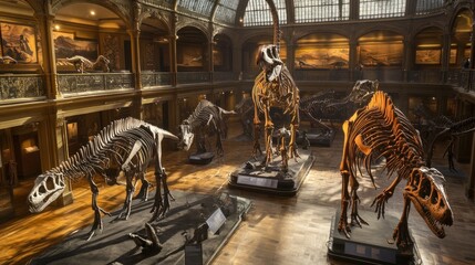 Dinosaur skeletons in a grand museum hall