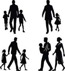 Vector art of silhouettes of diverse families walking, including a pregnant woman and a doctor, isolated on white background