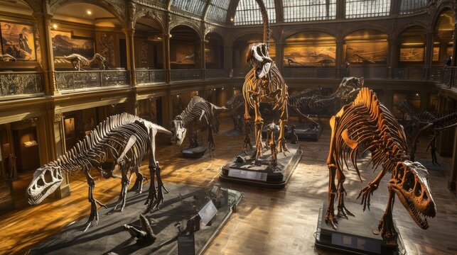 Dinosaur skeletons in a grand museum hall