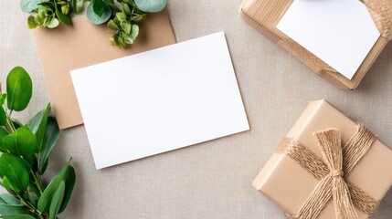 Blank greeting card on a textured surface surrounded by greenery and wrapped gifts