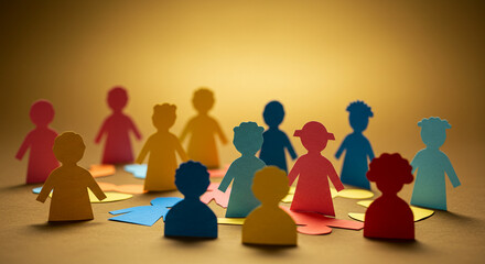 Colorful paper figures representing community and connection on yellow background  