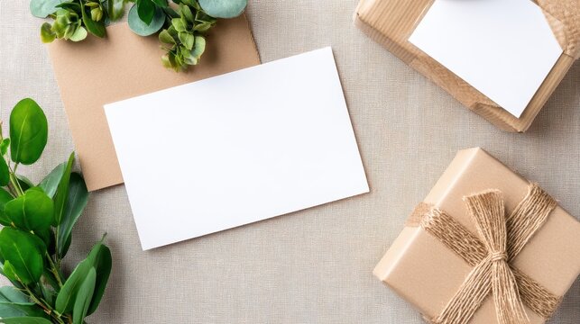 Blank greeting card on a textured surface surrounded by greenery and wrapped gifts