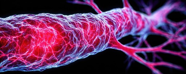Cardio risk of sugar intake and plaque formation concept. Close-up view of glowing neural pathways in vibrant colors.