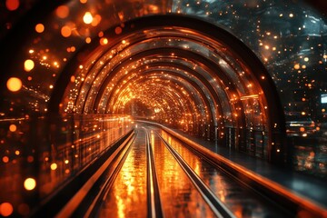 Endless Tunnel of City Lights and Reflections in a Glowing Dreamscape