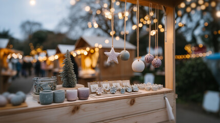 Charming Christmas craft stand displaying seasonal ornaments and candles with beautiful bokeh lighting backdrop