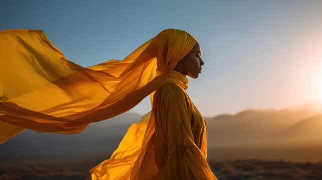 Woman in flowing yellow attire standing in a serene desert landscape