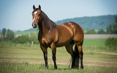 Fototapeta premium Majestic Brown Horse Standing Proudly in a Grassy Field with Blue Sky