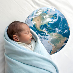 Newborn baby sleeping in a blanket beside Earth, symbolizing hope, future, and global unity.