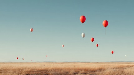 Red and white balloons floating freely over a vast open grassland landscape