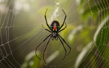 Obraz premium Detailed Macro Shot of a Spider with Red Markings on Web in Natural Habitat
