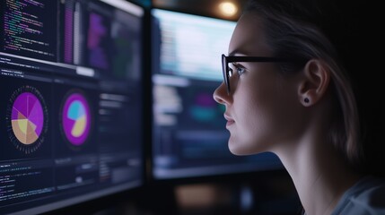 Woman analyzing data on multiple screens during a late night work session in a modern office environment