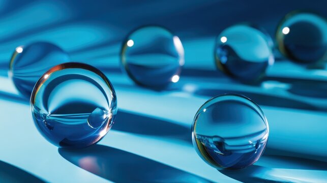 Glimmering glass marbles casting shadows on a blue surface, creating a serene atmosphere