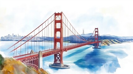 Fototapeta premium Golden Gate Bridge. Golden Gate Bridge hand drawn watercolor illustration