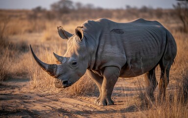 Fototapeta premium Majestic Rhinoceros Standing in Golden Light, Showcasing Horn and Textured Skin Details