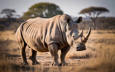 Fototapeta premium Majestic Rhino Stands Proudly in African Savanna, Detailed Portrait
