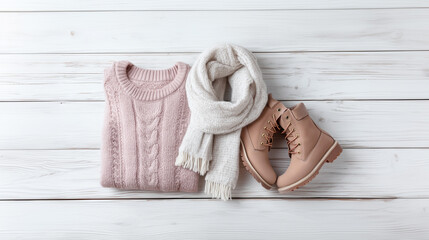 Minimalist winter wardrobe styling with soft pink sweater and neutral accessories on rustic wood