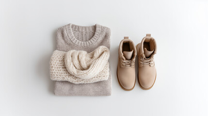 Cozy winter fashion flat lay with knitted sweater, cream scarf and neutral ankle boots