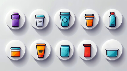 A collection of ten different container icons displayed on white circular backgrounds with shadows