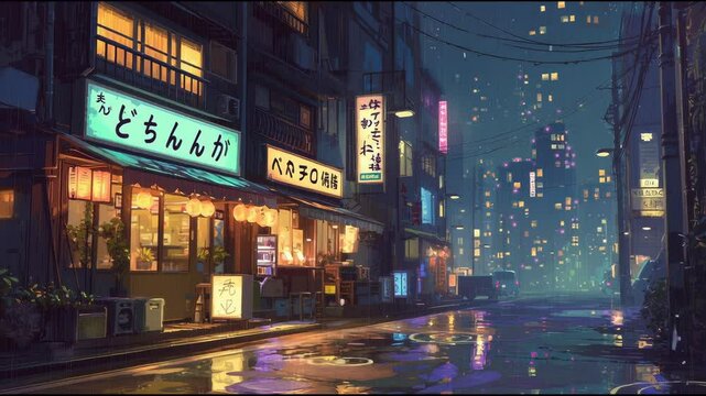 Anime Night City Street with Neon Lights and Rain Animation, Cozy Urban Japanese Alley, Atmospheric Lo-Fi Background, Cinematic Moody Ambiance Perfect for Chill Playlists, Overlays, Intros, Loop 4k