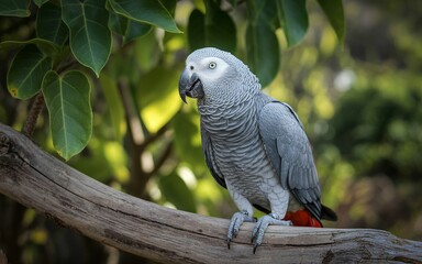Obraz premium Majestic African Grey Parrot Perched on Branch with Detailed Feather Texture