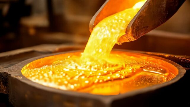 Molten gold is being poured into a mold, showcasing the process of metal casting and the precious metal in its liquid state.
