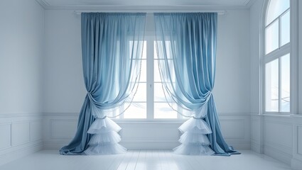 Blue curtains paired with white tulle adorn a window in a bright, white room, creating a soft, airy atmosphere with a blend of color and light fabric textures