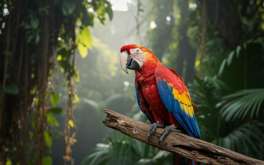 Scarlet Macaw Perched on Branch in Lush Rainforest Environment