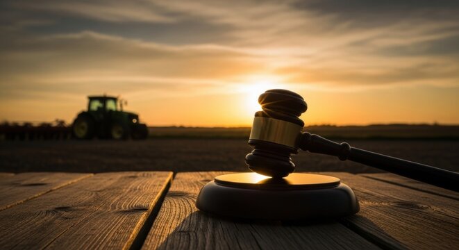 The concept of land use law or farm auctions. A judge's gavel lies on a rustic wooden table in a farm field, with a tractor and sunset in the background.