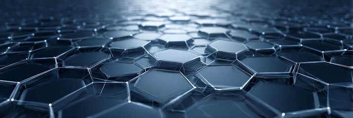 A close up of a dark blue hexagonal pattern with a shiny surface and bright light reflection
