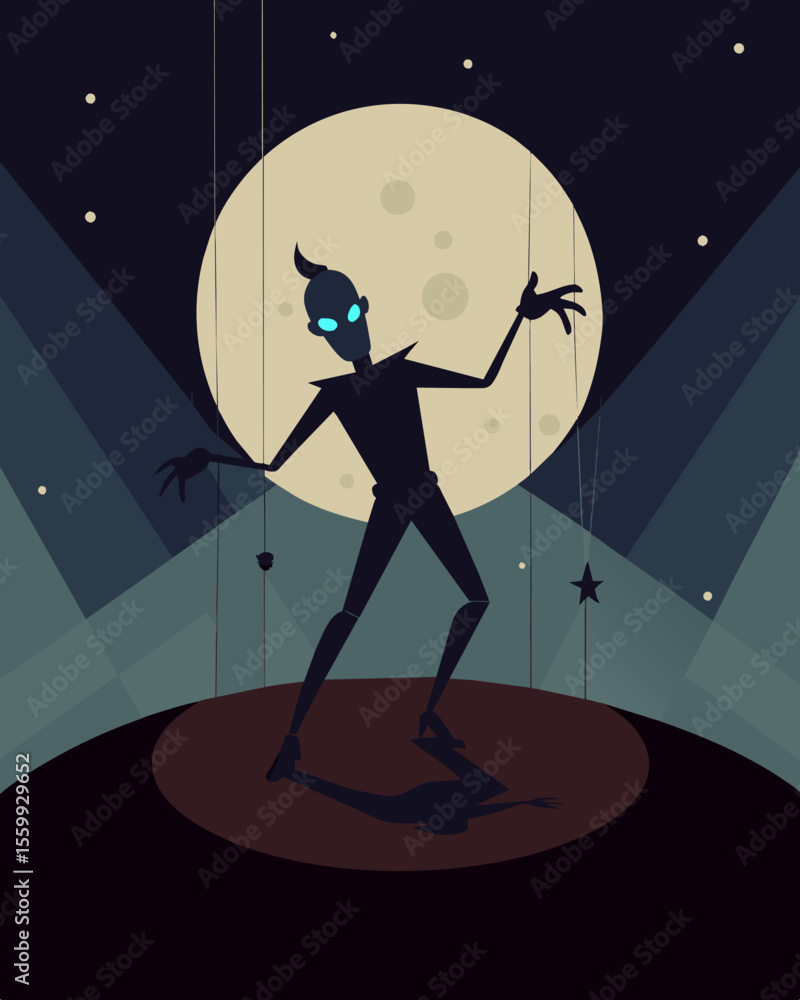 Poster a shadowy figure dances in the moonlight its movements reflected in the puppetlike actions of the pe