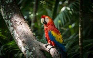 Obraz premium Vivid Scarlet Macaw Perched on Tree Branch with 