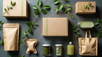 Flat Lay of Eco-Friendly Packaging with Green Leaves on Marble Background