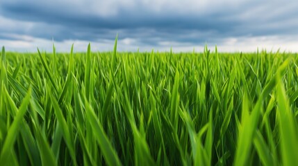 Fototapeta premium Lush green grass swaying gently under a cloudy sky, creating a serene natural landscape