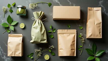 Flat Lay of Eco-Friendly Packaging with Green Leaves on Marble Background