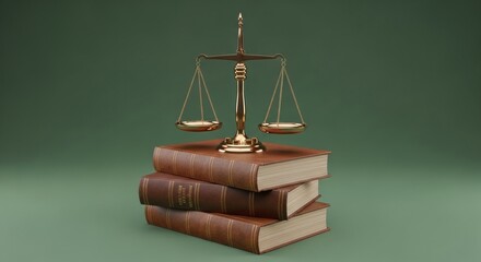 Constitutional law and legal studies symbolized by golden scales of justice resting on three antique, leather-bound books. Set against a solid green background.
