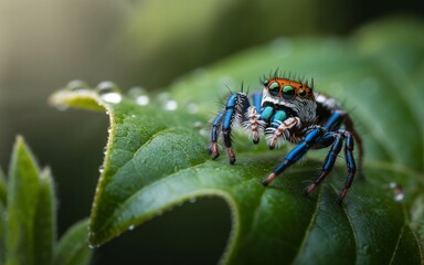 Fototapeta premium Vivid Macro of a Colorful Jumping Spider on a Dew-Kissed Leaf