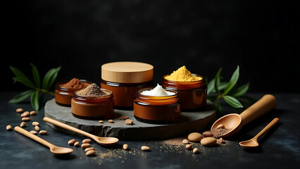 Handmade Cosmetic Products with Bamboo Spoons and Stone Texture – Top-Down Shot