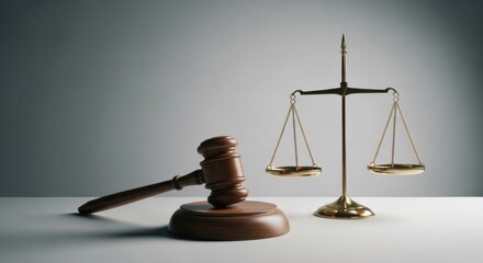Legal tools for judgment and fairness, featuring a classic gavel and weighing scales. A simple and clean concept image isolated on a light background.