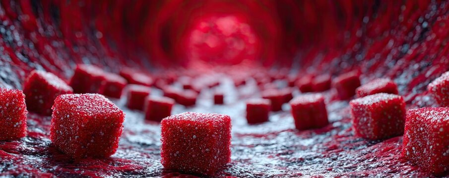 Cardio risk of sugar intake and plaque formation concept. Abstract view of sugar cubes in a bloodstream concept.