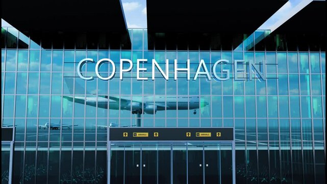 Airlane landing at Copenhagen. Arrival in the city with reflection of airport and aircraft