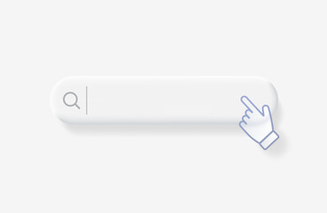 Search bar with computer hand cursor with transparency effect. Browser search navigation bar in light soft style. Vector 3d illustration.