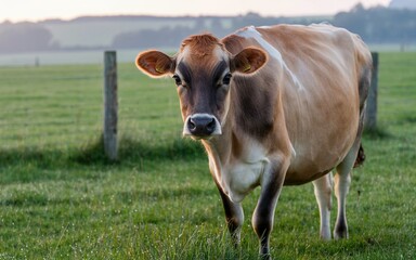 Brown Jersey Cow Standing in a Green Field, Looking Directly at the Camera