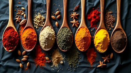 Flat Lay of Colorful Spices in Wooden Spoons on Black Textured Cloth – Rustic Aesthetic