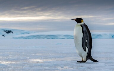 Fototapeta premium Majestic Emperor Penguin Standing Alone on Icy Antarctic Landscape, Cloudy Sky