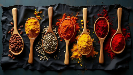 Flat Lay of Colorful Spices in Wooden Spoons on Black Textured Cloth – Rustic Aesthetic