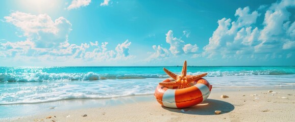 Tropical beach escape featuring a starfish resting on a life preserver