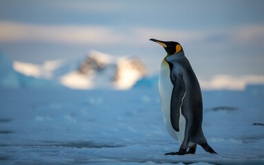 Fototapeta premium Majestic King Penguin on Antarctic Ice, Soft Light