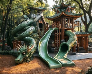 Bamboo grove fairytale playground with green dragon slides leaf canopies and hidden panda huts Zen fantasy aesthetic